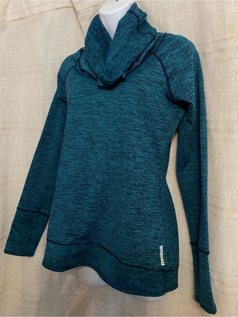 Reebok Space Dye Cowl Neck Pullover Sweatshirt Thumbholes Teal Blue Womens M